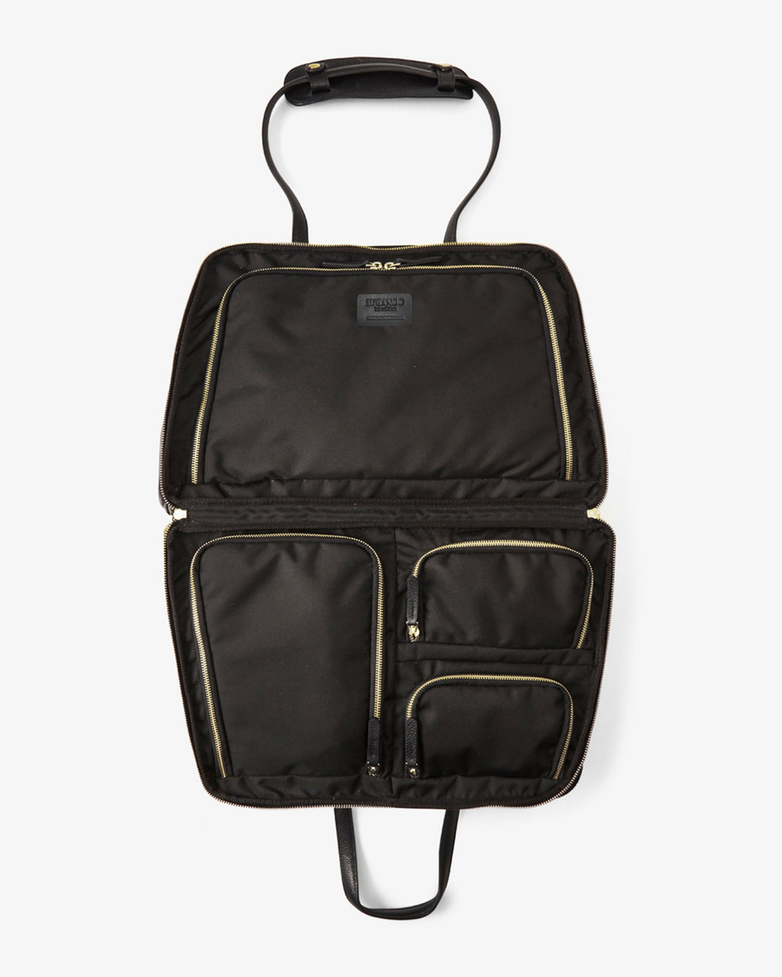 A black nylon laptop sleeve with gold zipper accents, shown open to display its interior compartments and a top handle, set against a plain light gray background.