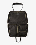 A black nylon laptop sleeve with gold zipper accents, shown open to display its interior compartments and a top handle, set against a plain light gray background.