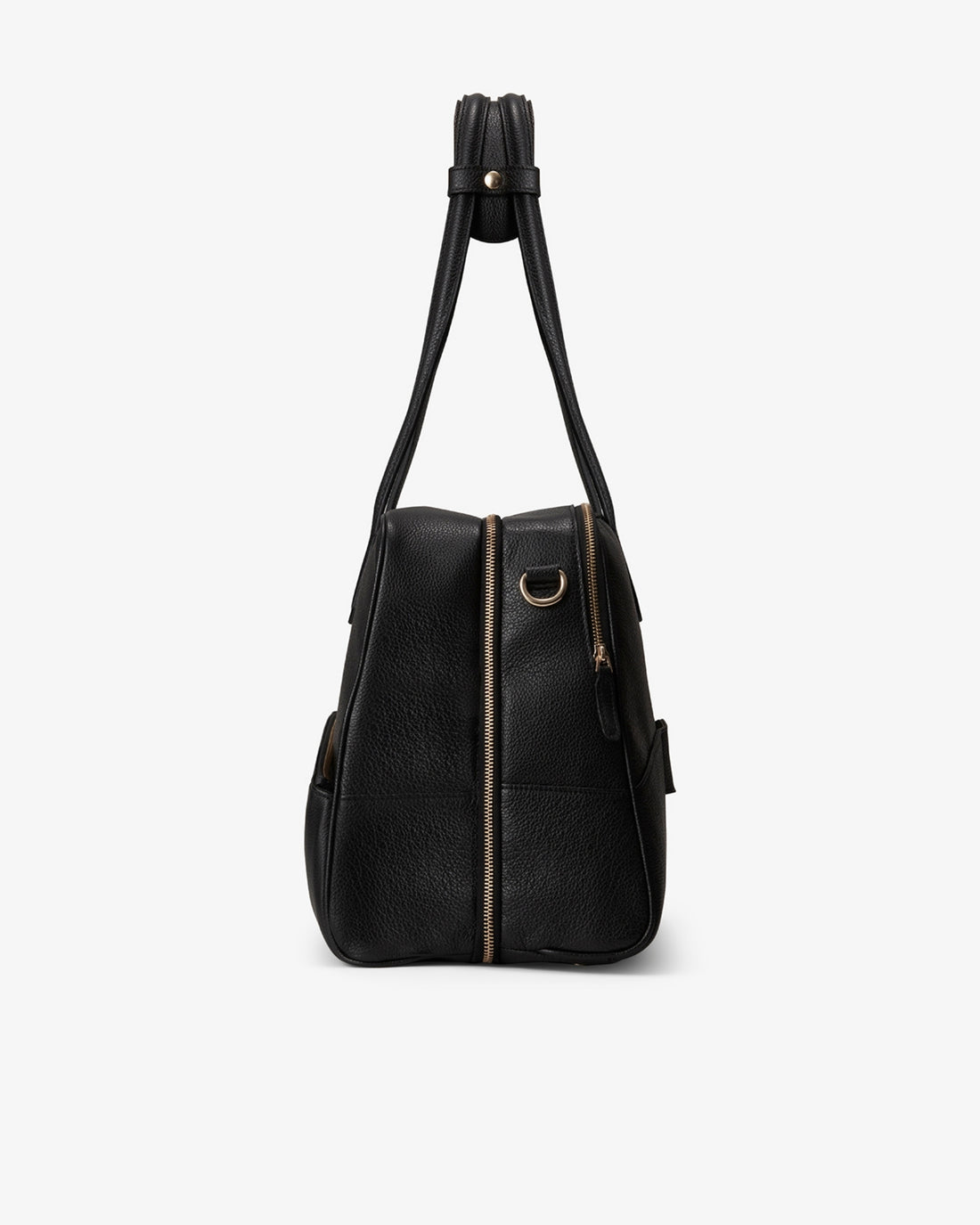 A black textured leather shoulder bag with gold-tone hardware, shown from the side against a light gray background.