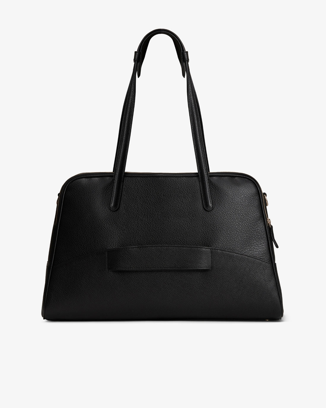 A black textured leather handbag with double top handles and a luggage strap, shown from the back against a plain white background.