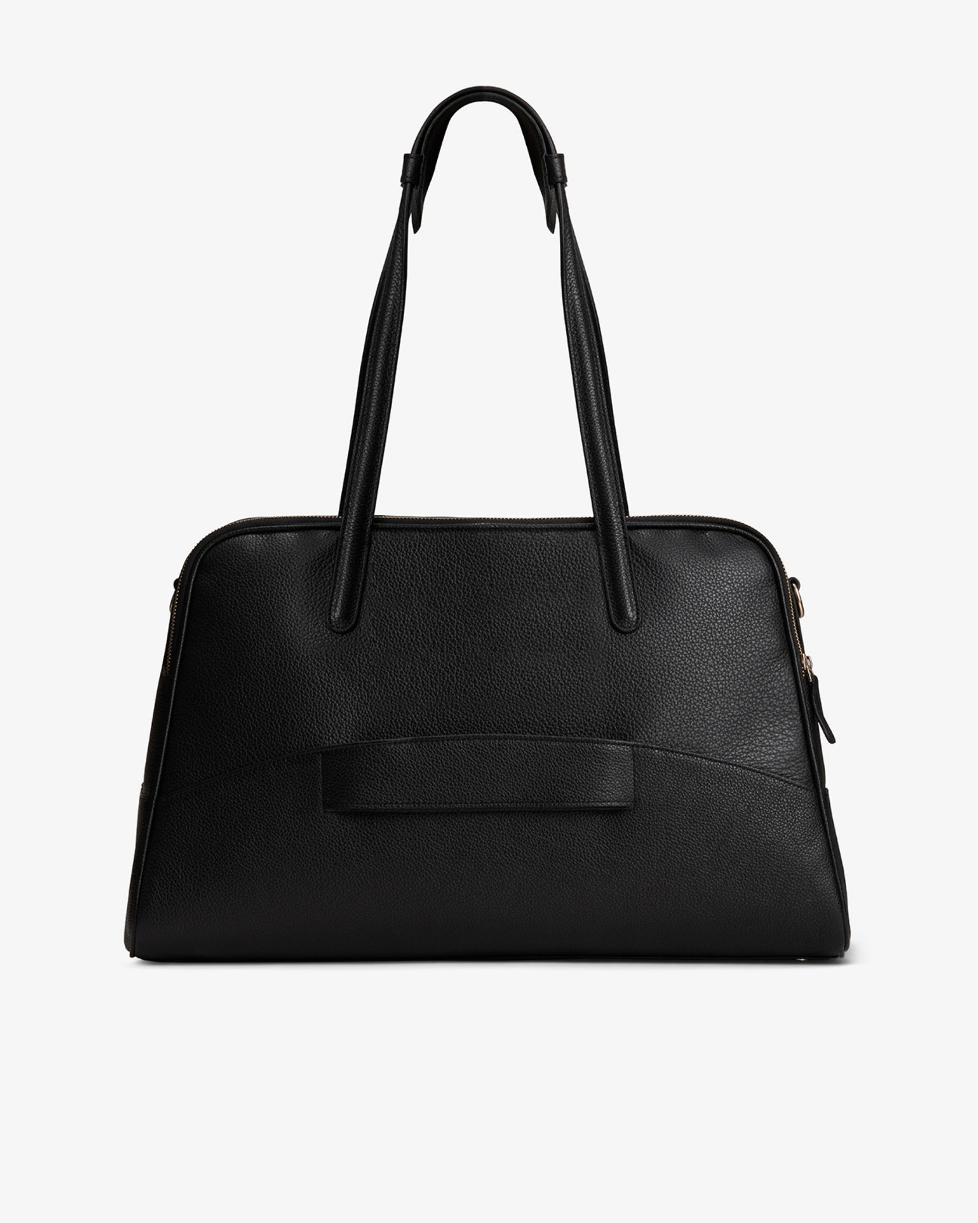A black textured leather handbag with double top handles and a luggage strap, shown from the back against a plain white background.