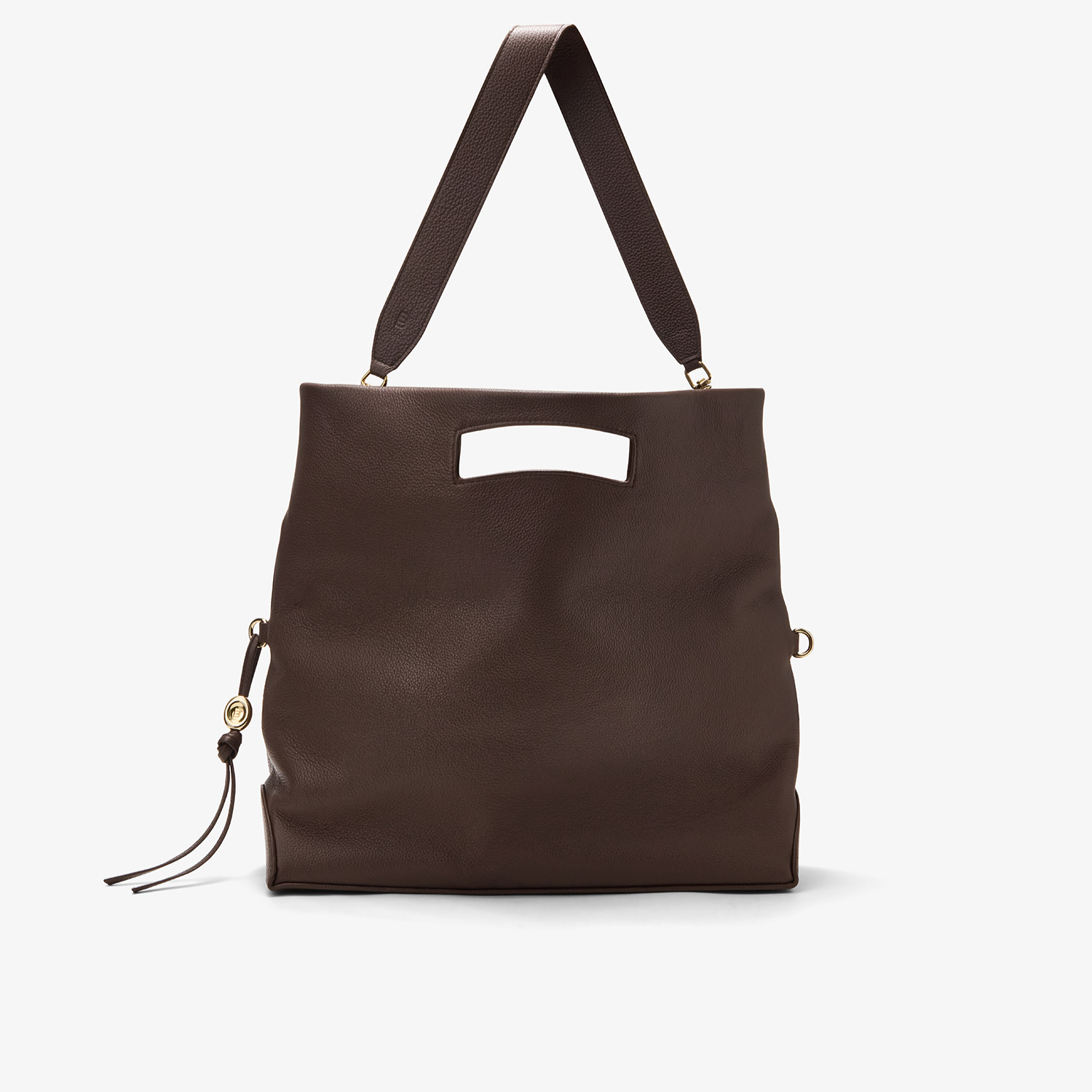 Upright view of the Foldable Soft Tote in Mocha/Gold, fully extended, demonstrating its large carrying capacity, soft pebbled leather, and structured design.