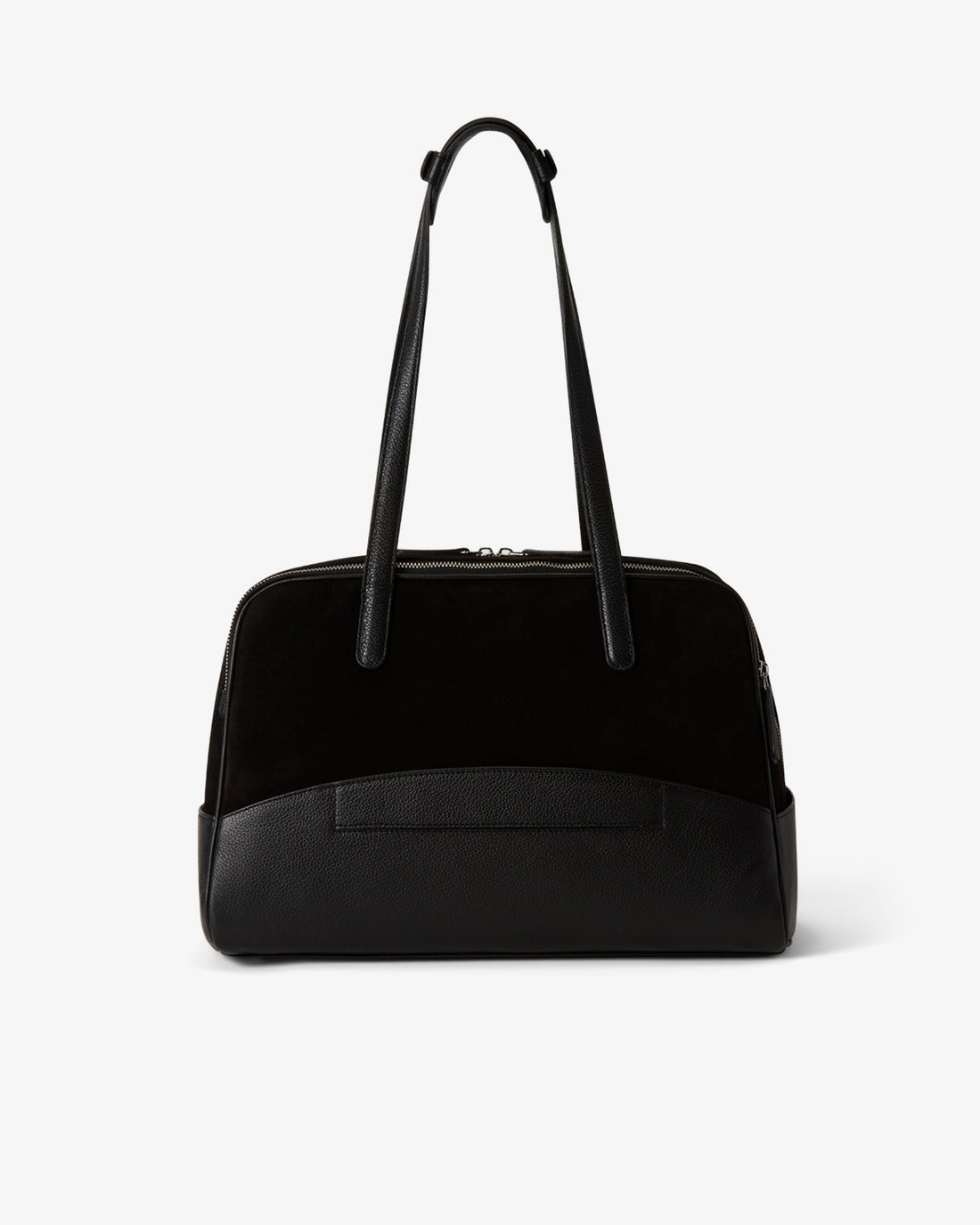 A black structured handbag with a smooth leather front base, a black suede upper section, and dual shoulder straps, shown against a plain light gray background.