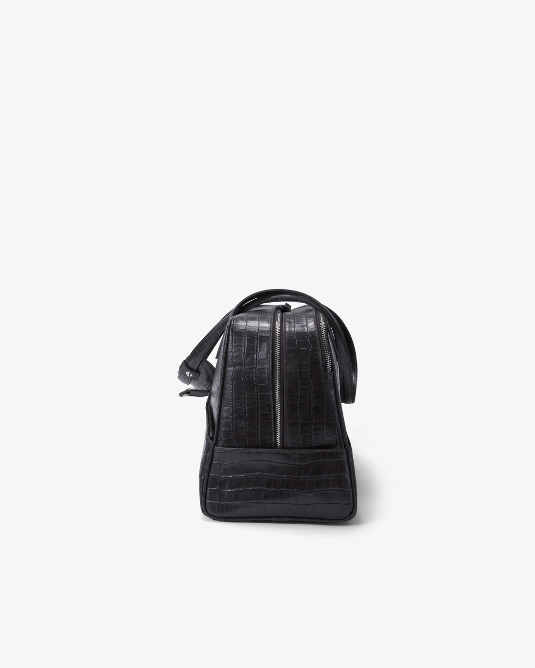 A black crocodile-embossed leather bag shown from the back against a plain white background.