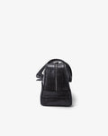 A black crocodile-embossed leather bag shown from the back against a plain white background.