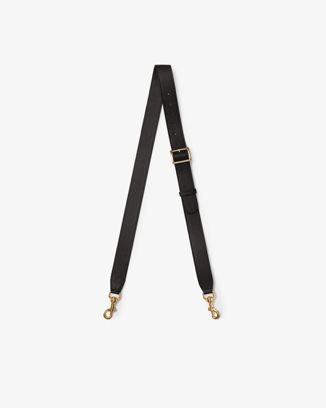 A black leather cross body strap that can be adjusted, with two metal snap hooks.