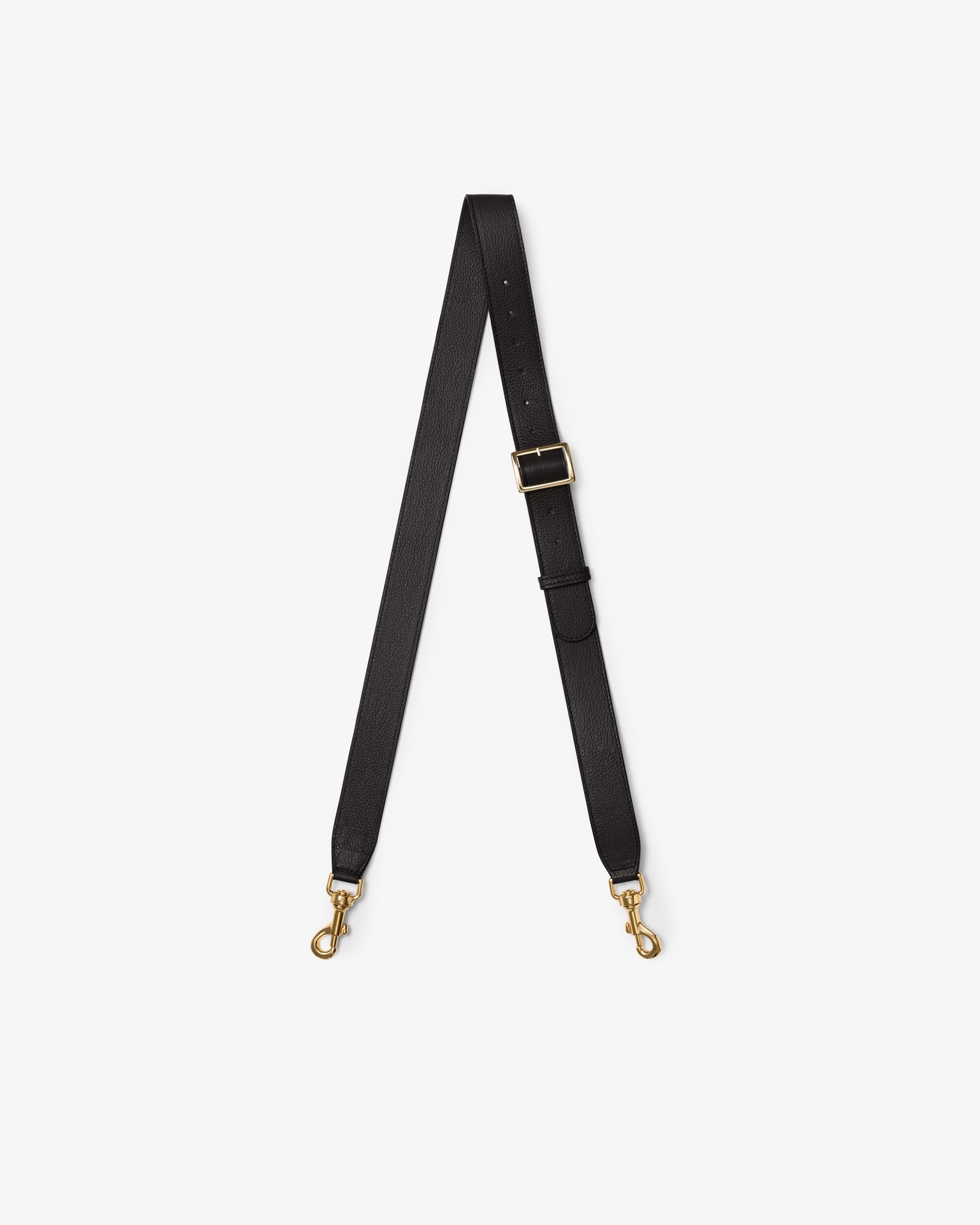 A black leather cross body strap that can be adjusted, with two metal snap hooks.