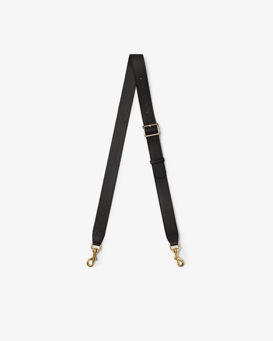 A black leather cross body strap that can be adjusted, with two metal snap hooks.