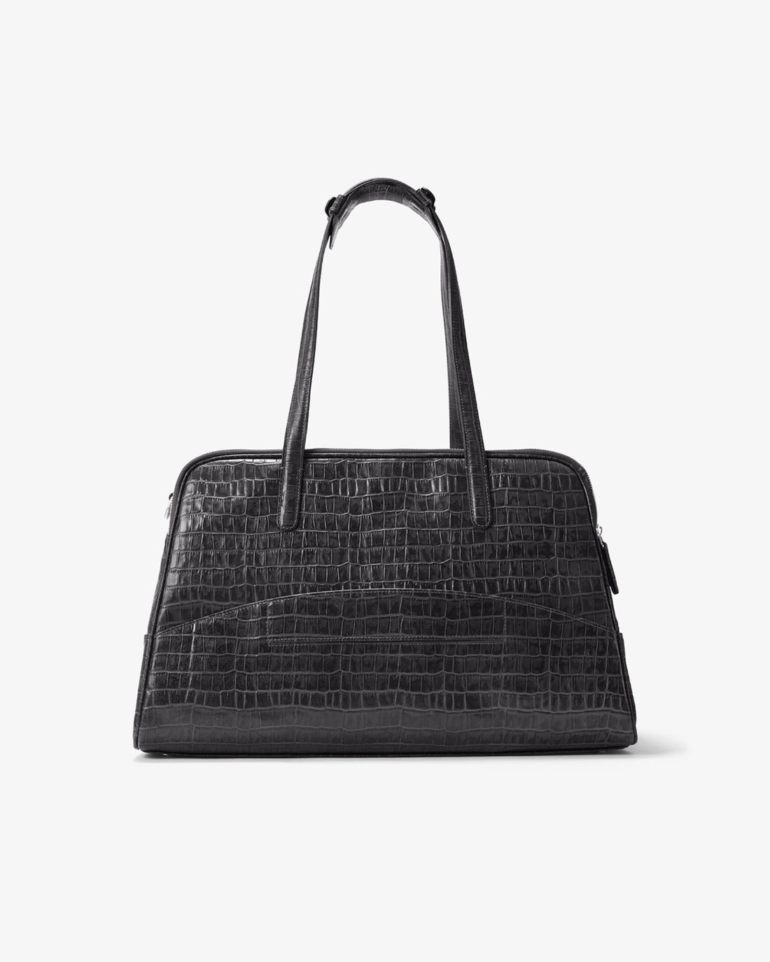A black crocodile-embossed leather handbag with dual top handles and a luggage strap, shown against a plain light gray background.