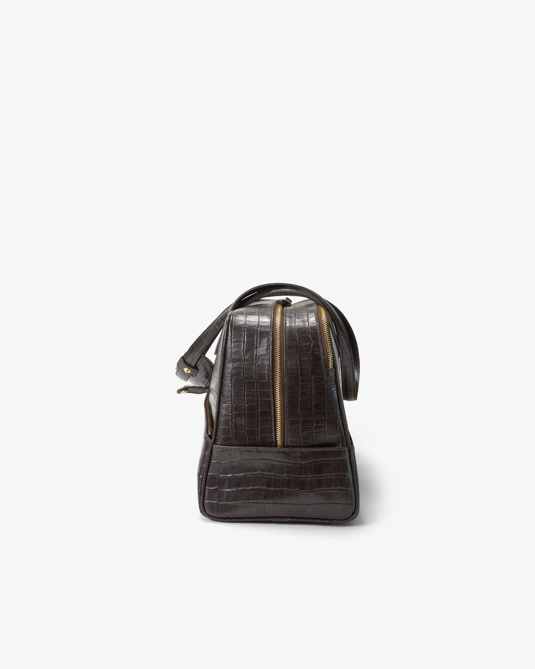 A dark brown crocodile-embossed leather bag with gold-toned zippers, shown from the back against a plain white background.