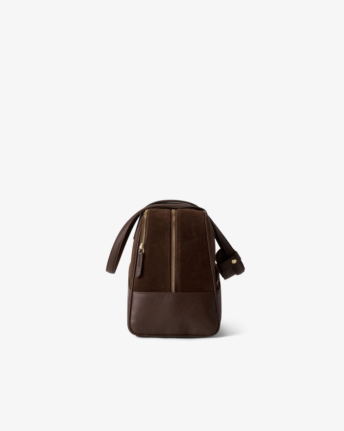 A dark brown leather duffel bag with a vertical zippered compartment and two top handle, shown from the back on a light gray background.
