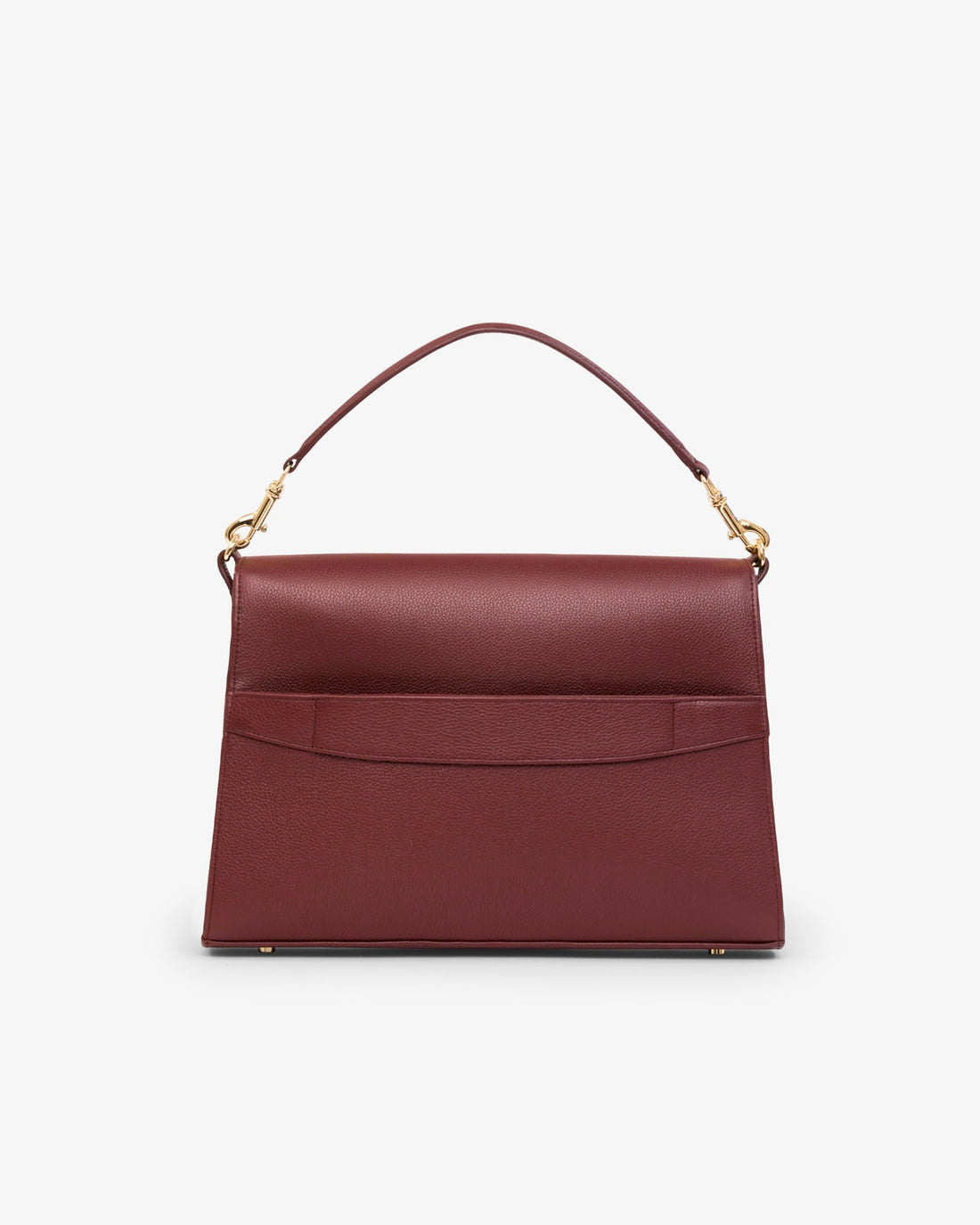 A structured burgundy leather handbag with a top handle, gold-tone hardware, and a luggage strap, shown against a plain light gray background.