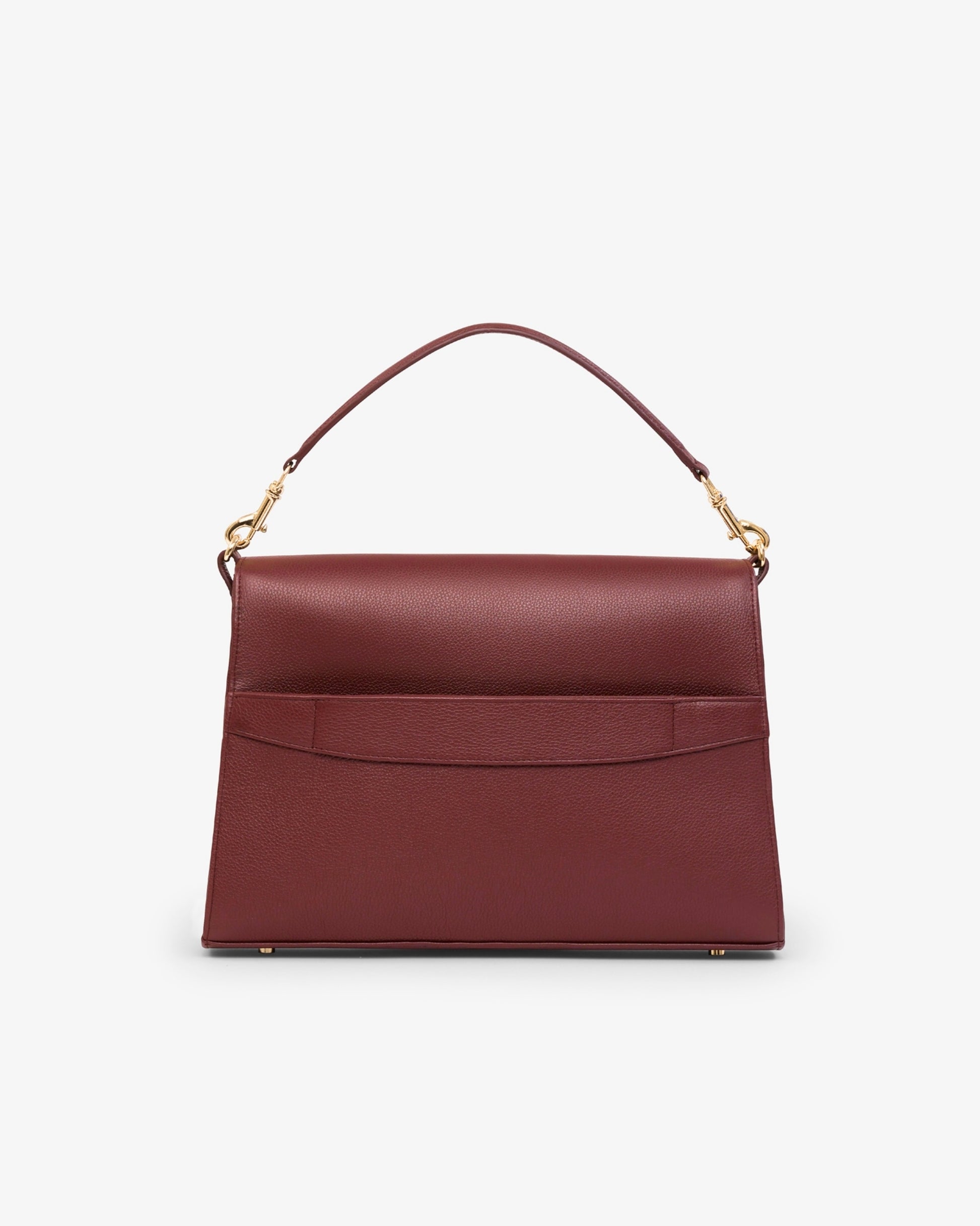 A structured burgundy leather handbag with a top handle, gold-tone hardware, and a luggage strap, shown against a plain light gray background.
