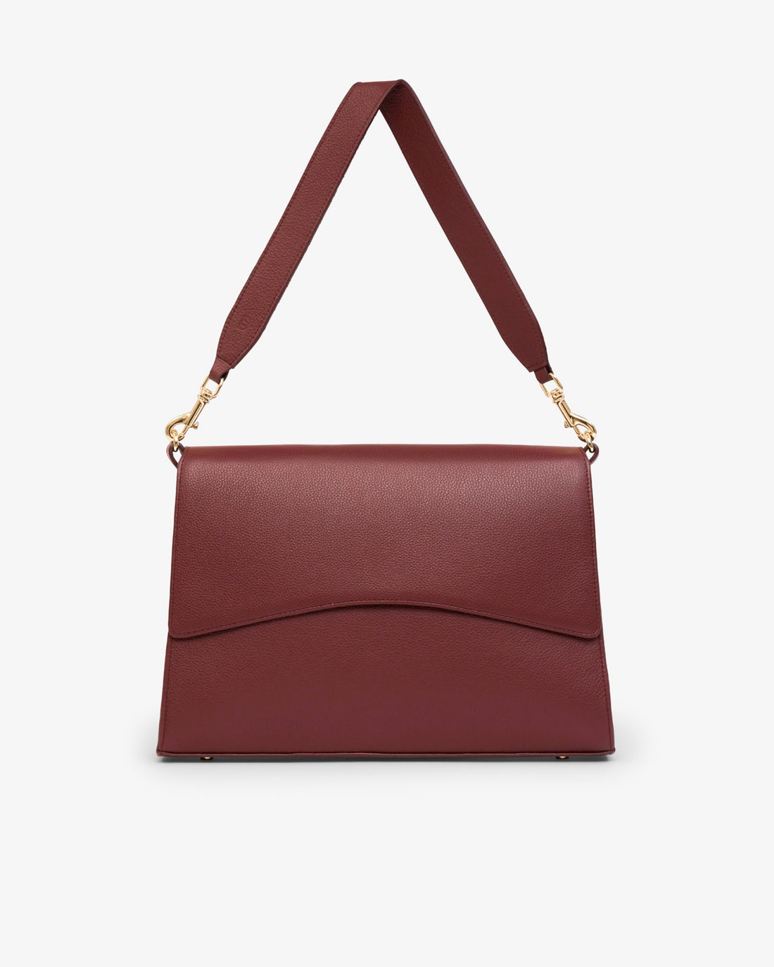 A burgundy leather shoulder bag with a wide flap front and a matching shoulder strap, accented by gold-tone hardware, shown against a plain light gray background.