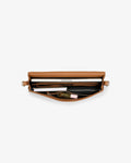 Tan leather bag, shown open, revealing its interior compartments.