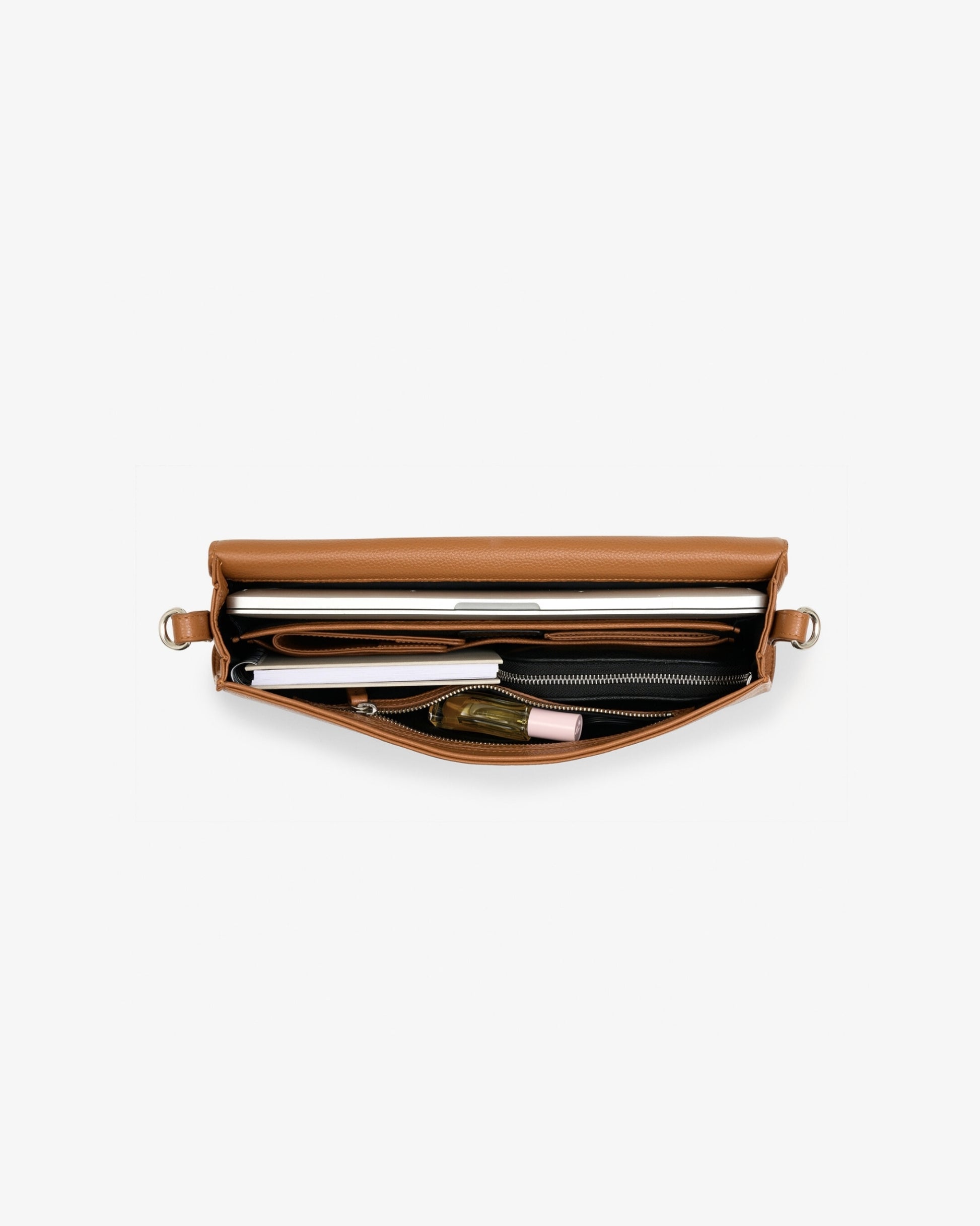 Tan leather bag, shown open, revealing its interior compartments.