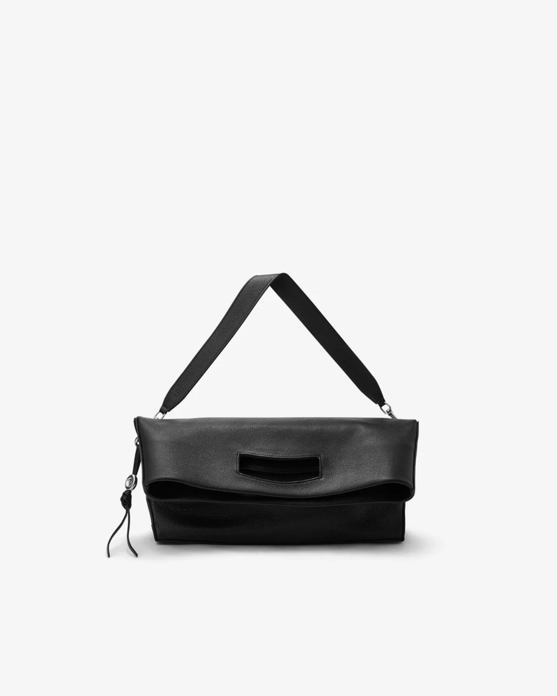 A black leather shoulder bag with a structured rectangular shape, a top zipper closure, and a wide adjustable shoulder strap, shown against a plain white background.