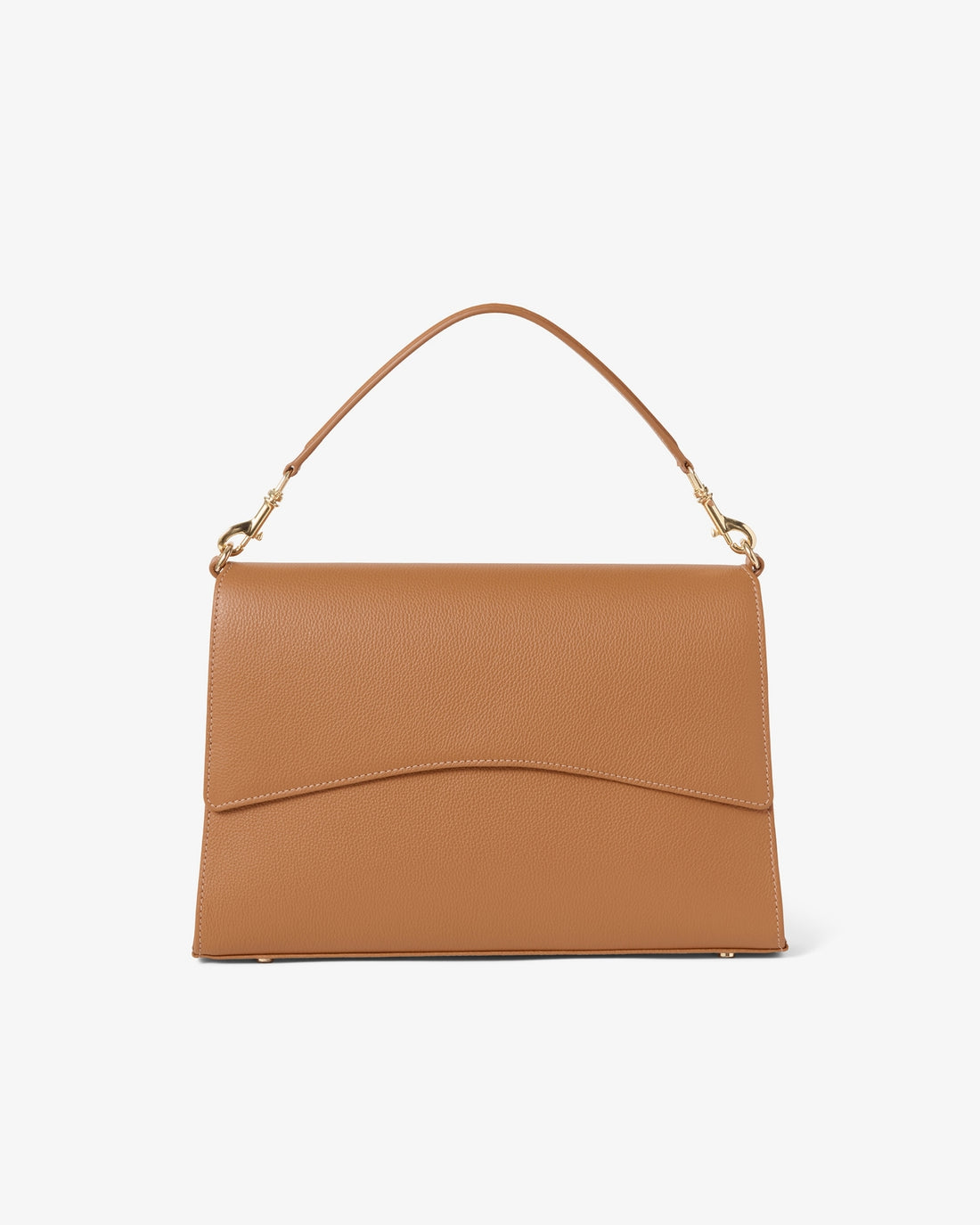 A tan leather shoulder bag with a top handle and gold-tone hardware, shown against a plain white background.