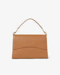 A tan leather shoulder bag with a top handle and gold-tone hardware, shown against a plain white background.
