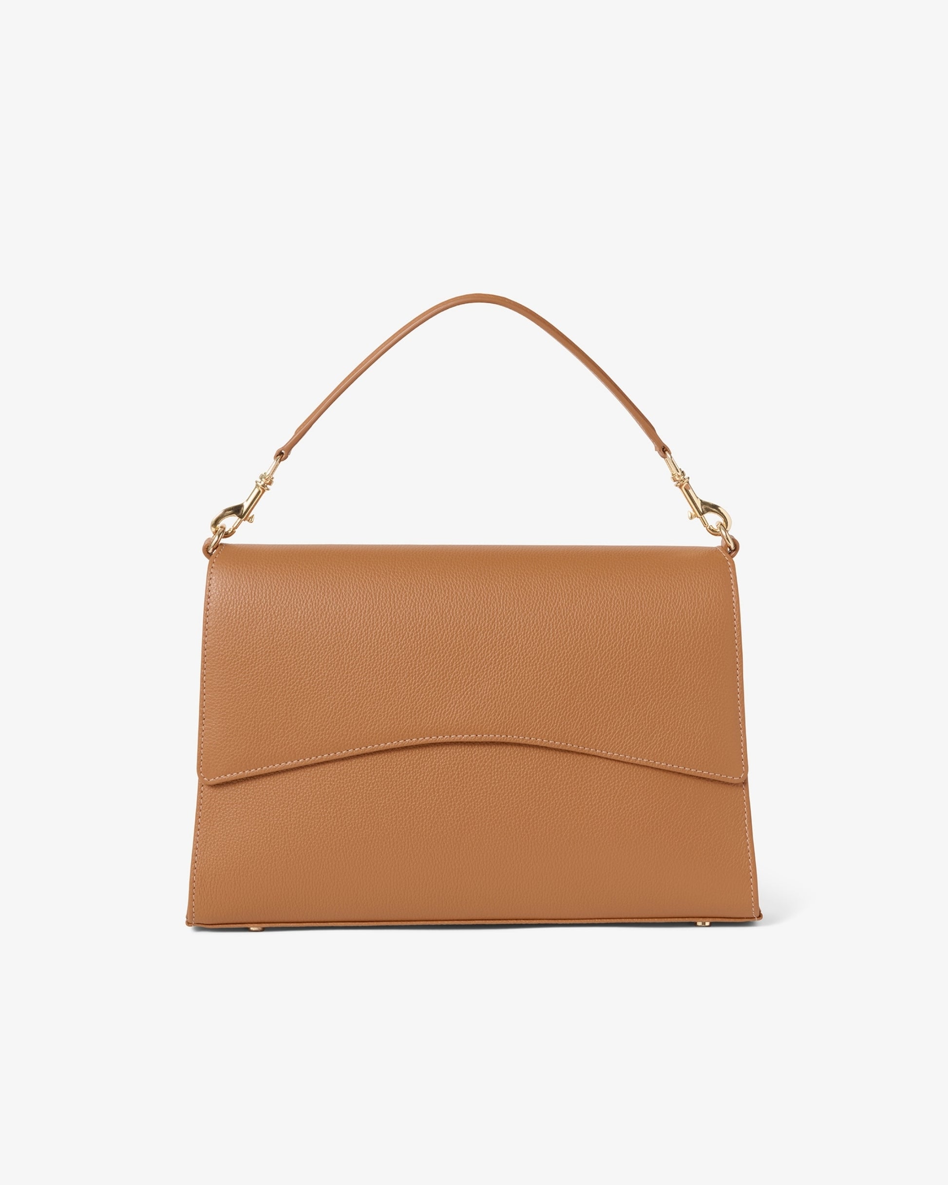 A tan leather shoulder bag with a top handle and gold-tone hardware, shown against a plain white background.