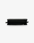 Showcasing the inside of a black leather briefcase, revealing its compartments and a zipper pocket. 