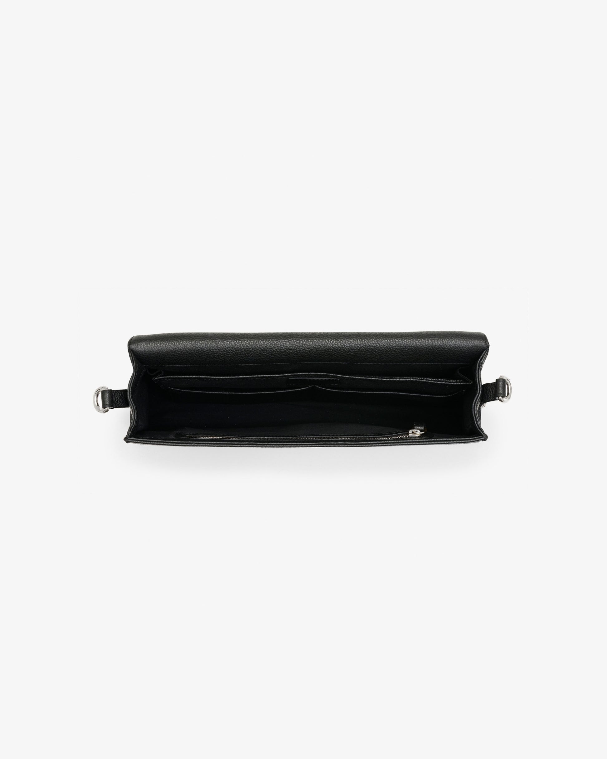 Showcasing the inside of a black leather briefcase, revealing its compartments and a zipper pocket. 