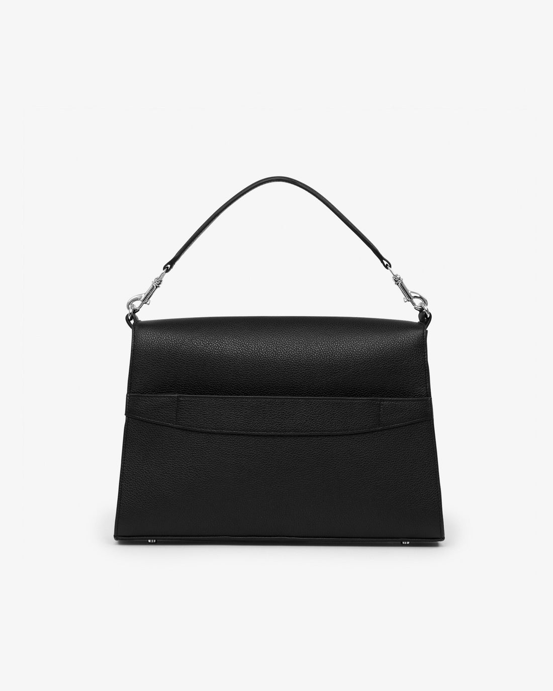 A structured black leather handbag with a single shoulder strap and silver-tone hardware, showcasing a luggage strap, photographed against a clean white background.