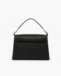 A black leather handbag with a structured rectangular shape, a top handle, contrast stitching, and silver-tone hardware, photographed against a plain white background.