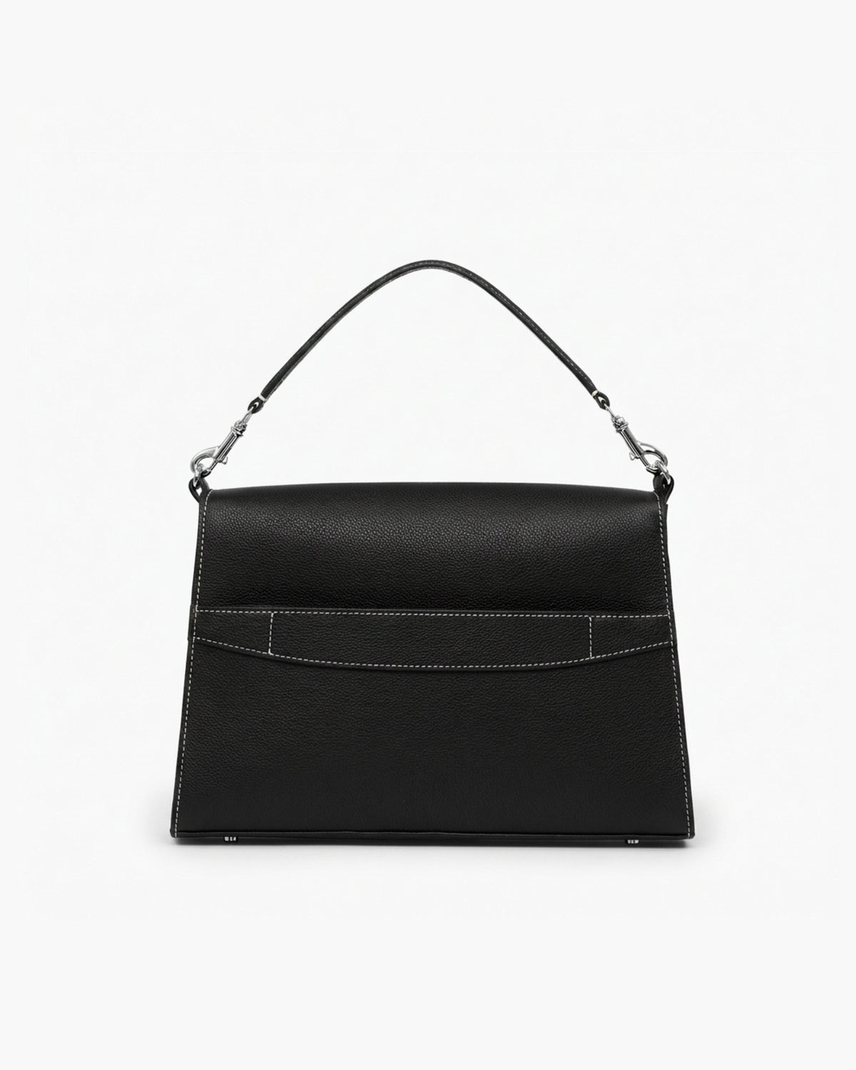 A black leather handbag with a structured rectangular shape, a top handle, contrast stitching, and silver-tone hardware, photographed against a plain white background.