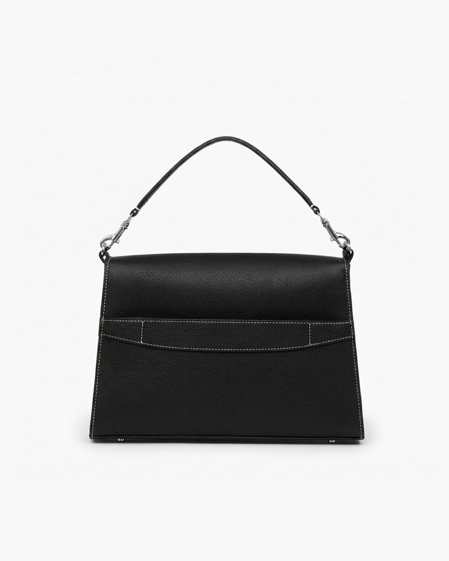 A black leather handbag with a structured rectangular shape, a top handle, contrast stitching, and silver-tone hardware, photographed against a plain white background.
