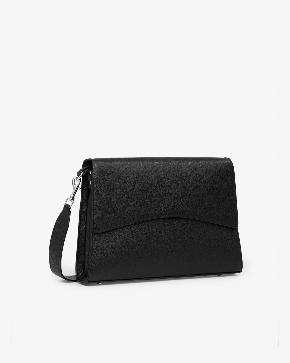 A black leather shoulder bag with a curved front flap and a detachable shoulder strap, shown on a plain white background.