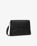 A black leather shoulder bag with a curved front flap and a detachable shoulder strap, shown on a plain white background.