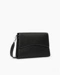 A black leather clutch handbag with a curved flap, a detachable shoulder strap, and contrast stitching, shown on a plain white background.