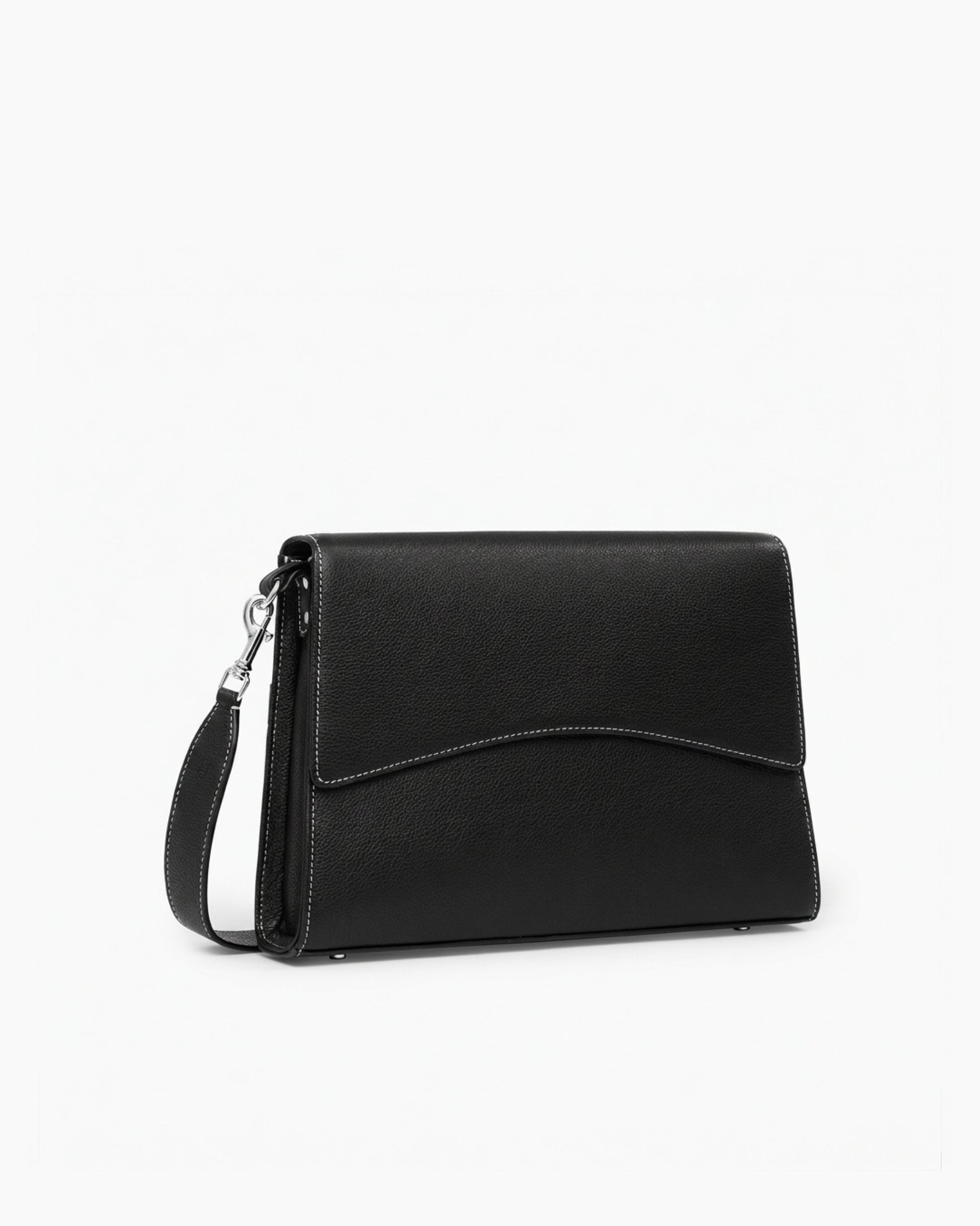 A black leather clutch handbag with a curved flap, a detachable shoulder strap, and contrast stitching, shown on a plain white background.
