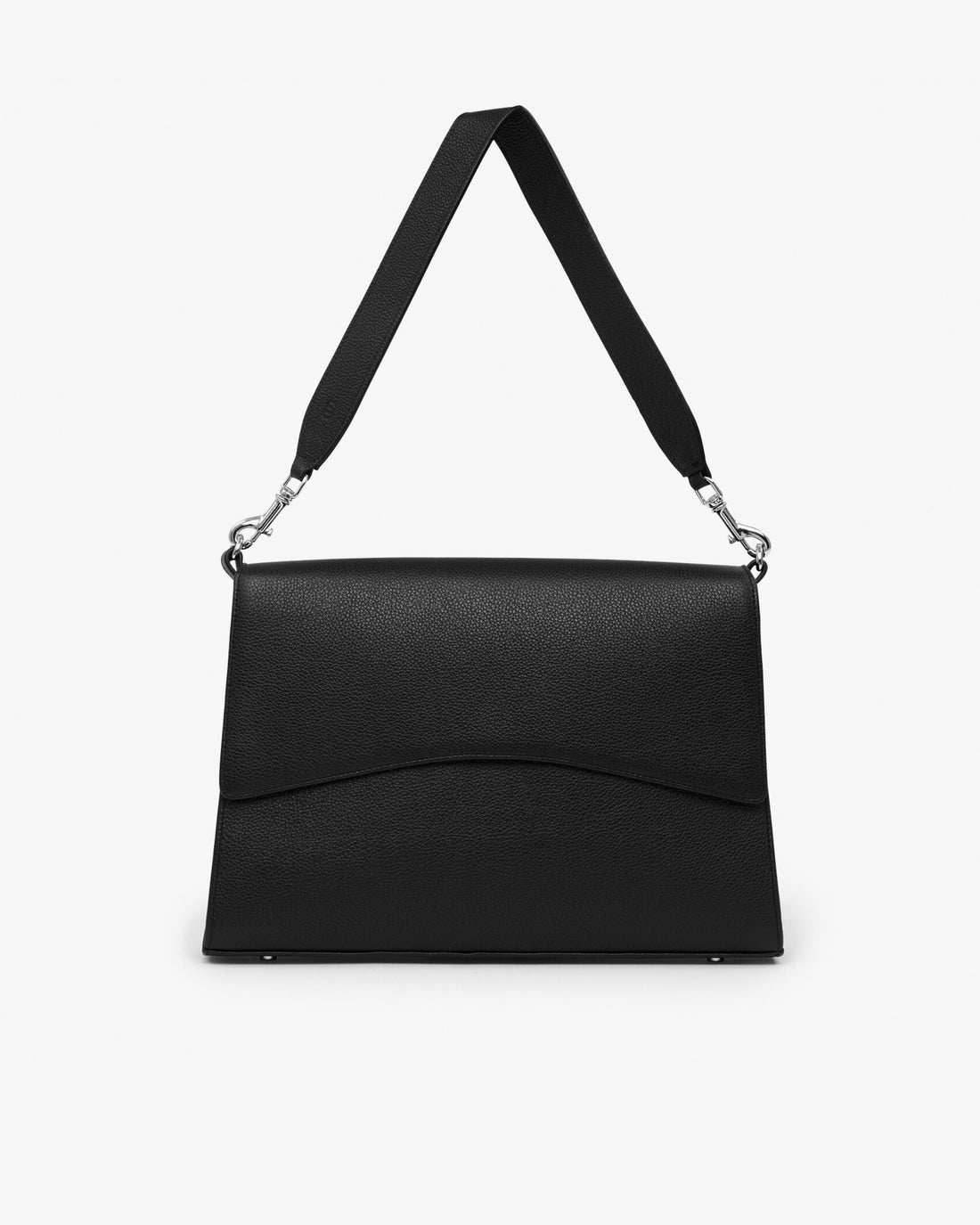 A black textured leather shoulder bag with a wide adjustable strap and silver-tone hardware, shown against a plain white background.