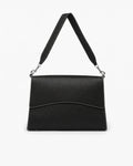 A black textured leather shoulder bag with a wide strap, silver-tone hardware, and contrast stitching, shown against a plain white background.