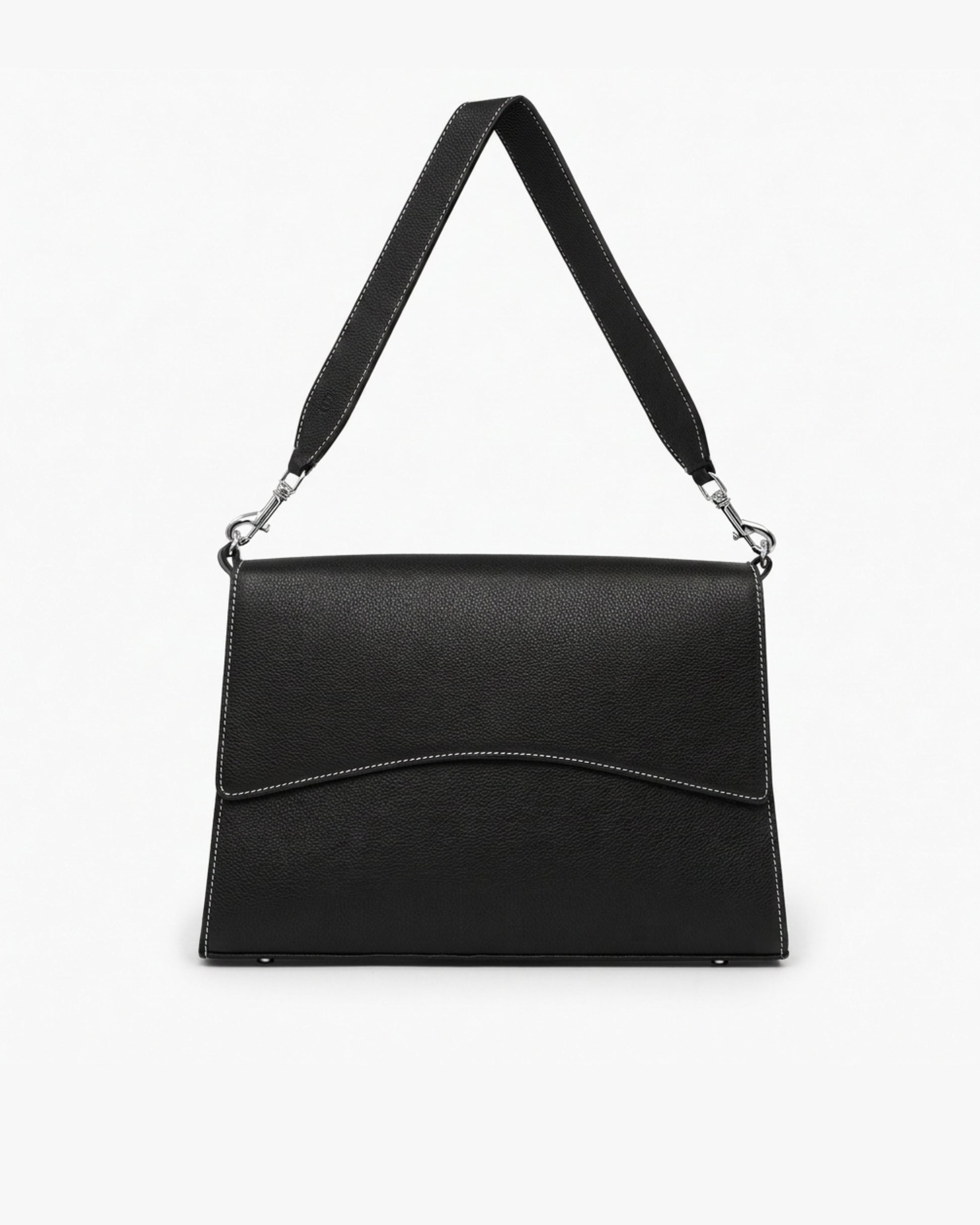 A black textured leather shoulder bag with a wide strap, silver-tone hardware, and contrast stitching, shown against a plain white background.