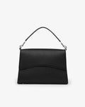 A black textured leather shoulder bag with a curved flap and a thin black strap attached by silver-tone hardware, shown against a plain white background.