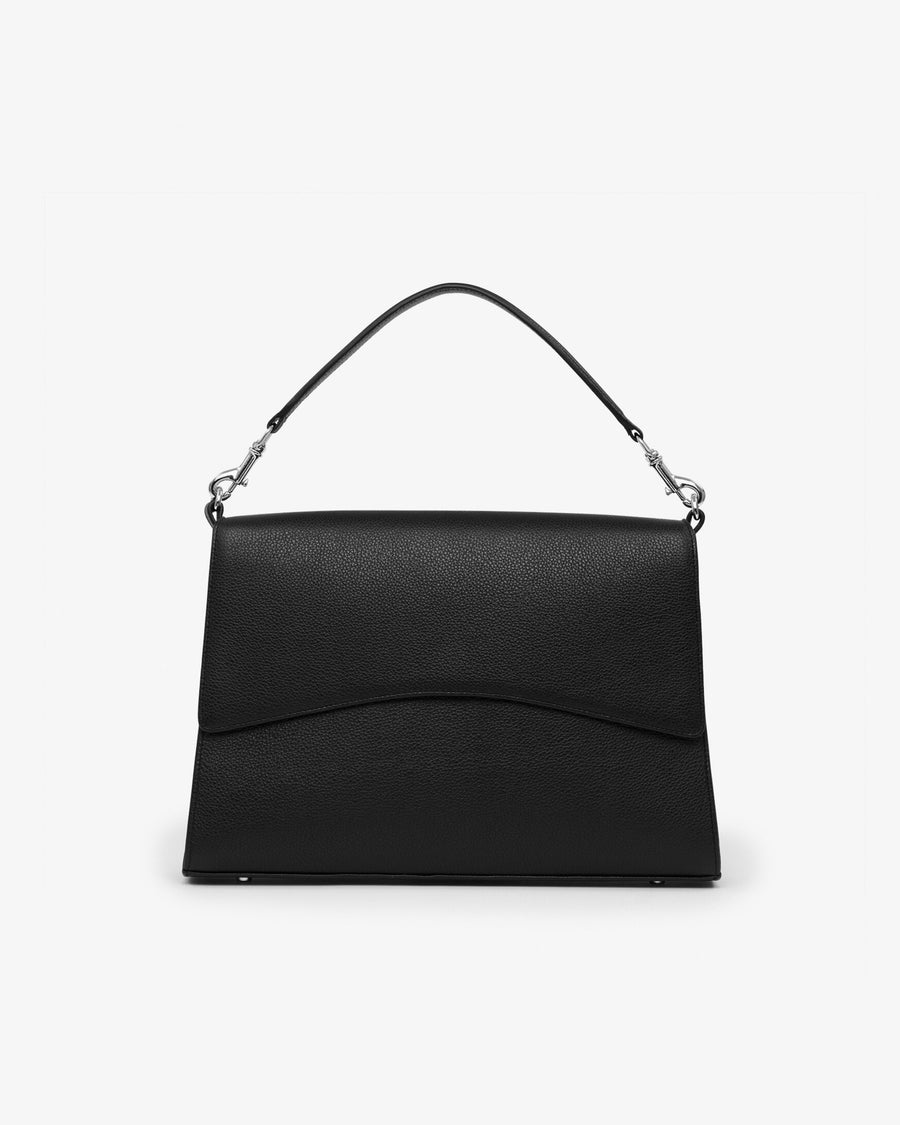 A black textured leather shoulder bag with a curved flap and a thin black strap attached by silver-tone hardware, shown against a plain white background.