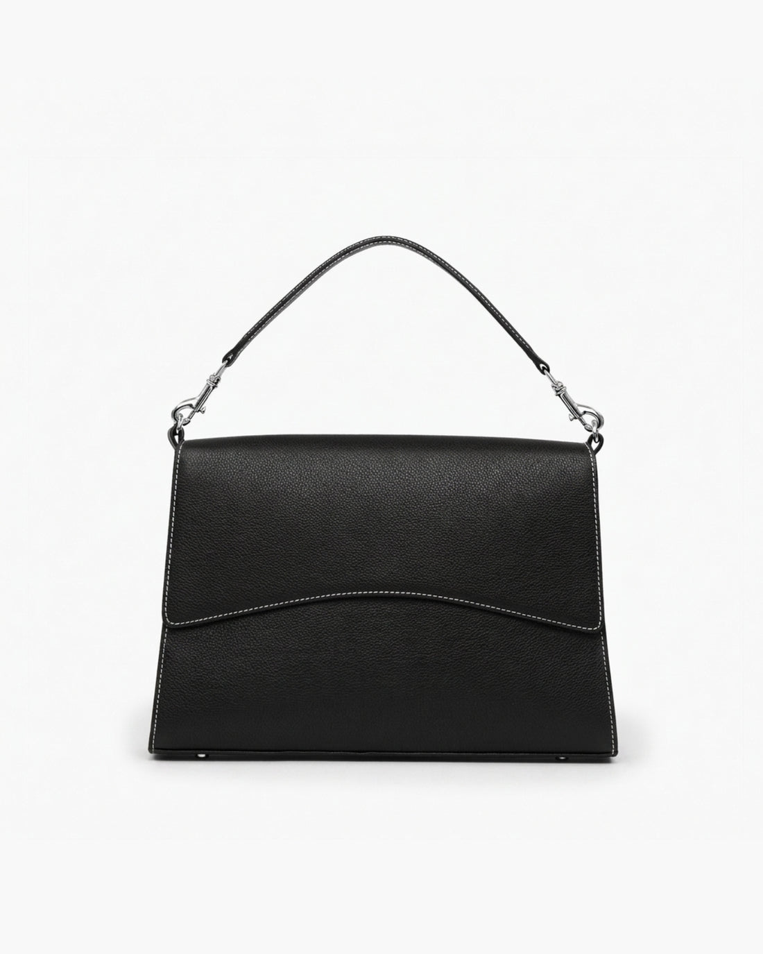 A black textured leather shoulder bag with a curved top handle, silver-tone hardware, and contrast stitching, shown against a plain white background.