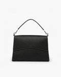 A black textured leather shoulder bag with a curved top handle, silver-tone hardware, and contrast stitching, shown against a plain white background.