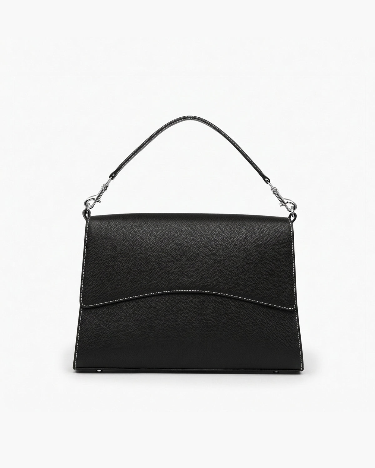 A black textured leather shoulder bag with a curved top handle, silver-tone hardware, and contrast stitching, shown against a plain white background.