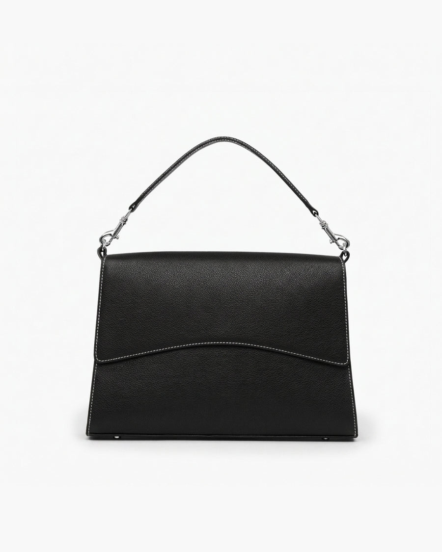 A black textured leather shoulder bag with a curved top handle, silver-tone hardware, and contrast stitching, shown against a plain white background.