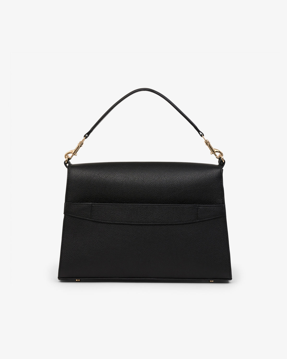 A structured black leather handbag with a top handle, gold-tone hardware, and a luggage strap shown against a plain light gray background.