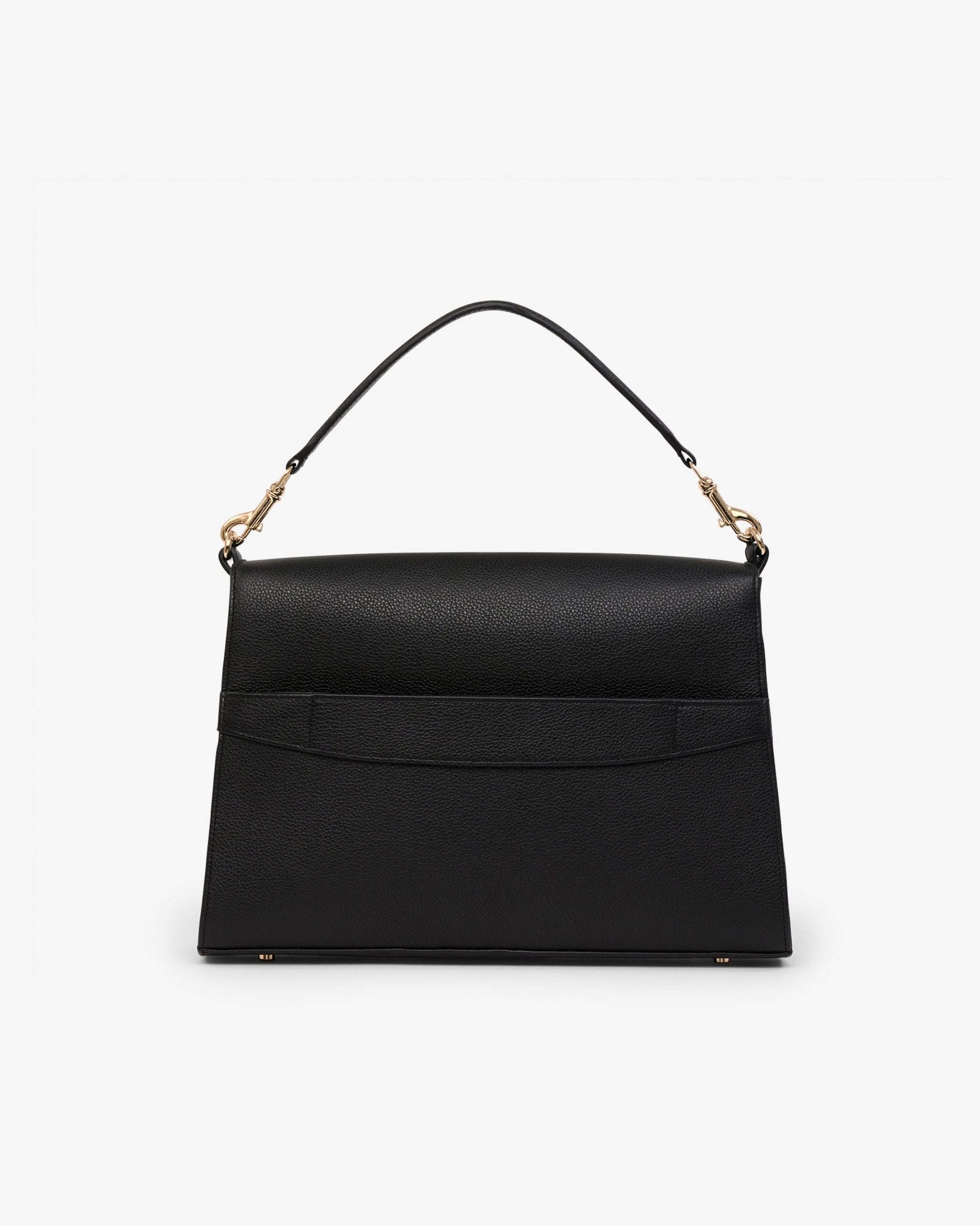 A structured black leather handbag with a top handle, gold-tone hardware, and a luggage strap shown against a plain light gray background.