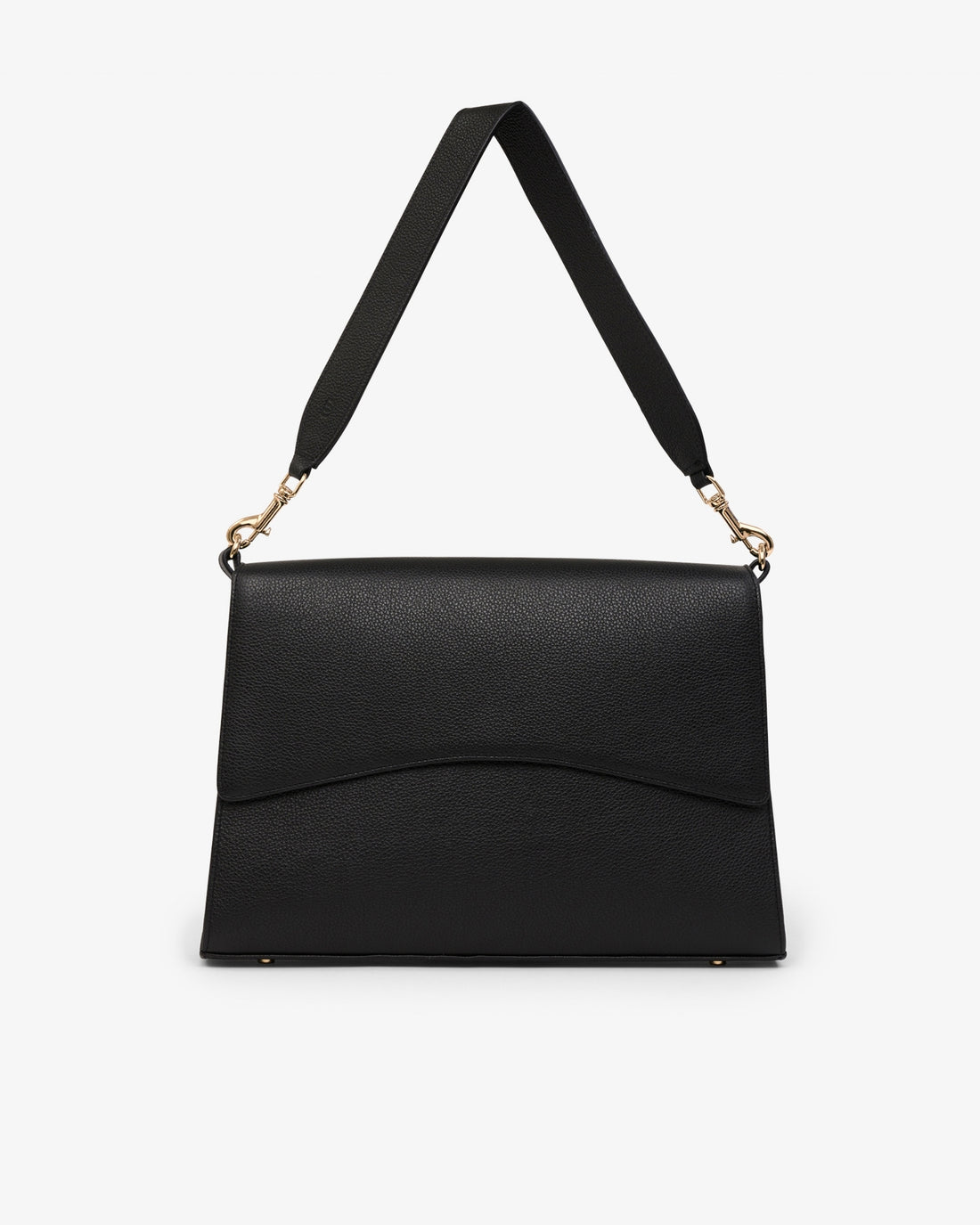 A black textured leather shoulder bag with a wide adjustable strap and gold-tone hardware, shown against a plain white background.