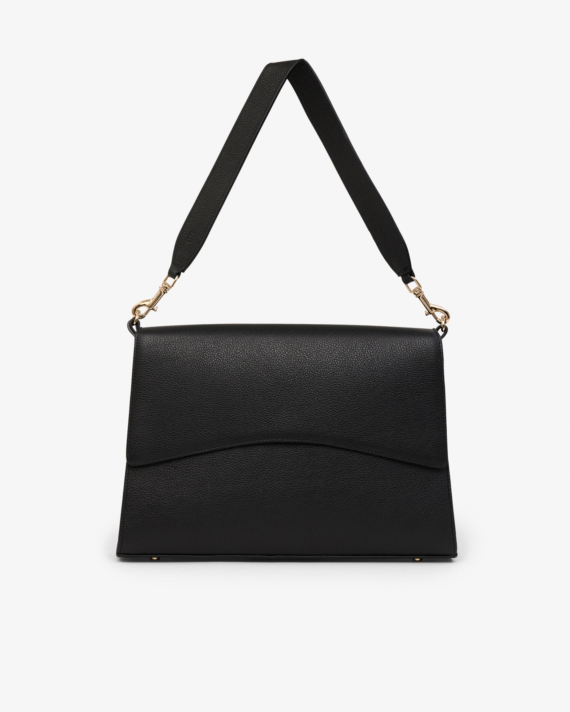 A black textured leather shoulder bag with a wide adjustable strap and gold-tone hardware, shown against a plain white background.