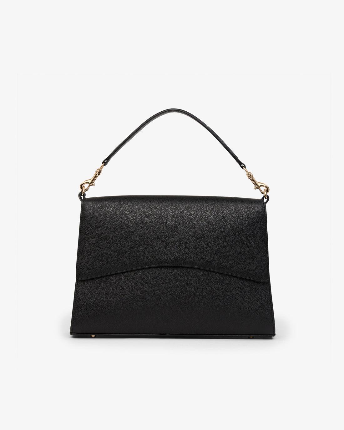 A black leather shoulder bag with a curved flap and gold-tone hardware, shown against a plain white background.