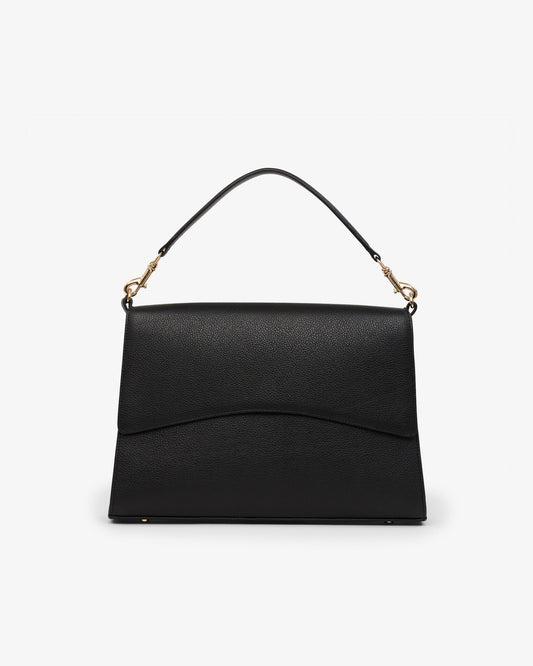A black leather shoulder bag with a curved flap and gold-tone hardware, shown against a plain white background.