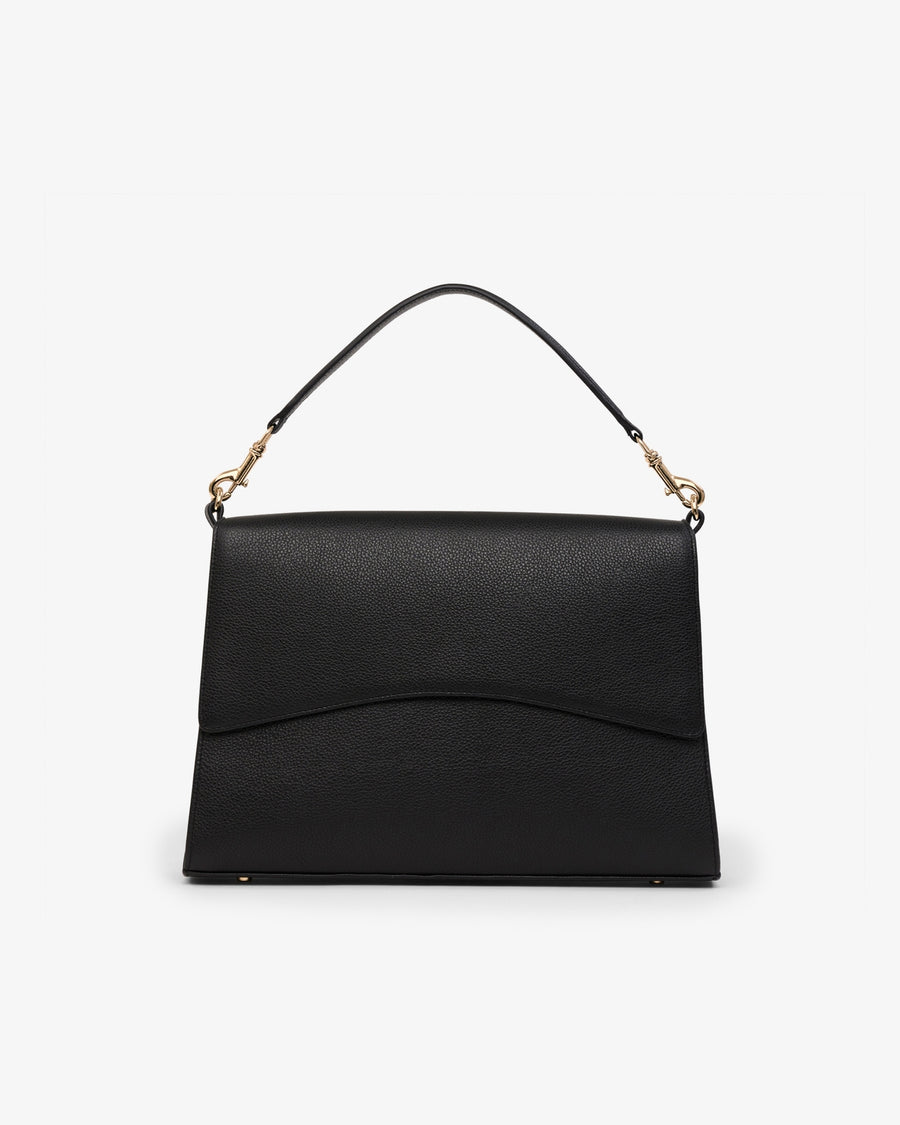 A black leather shoulder bag with a curved flap and gold-tone hardware, shown against a plain white background.